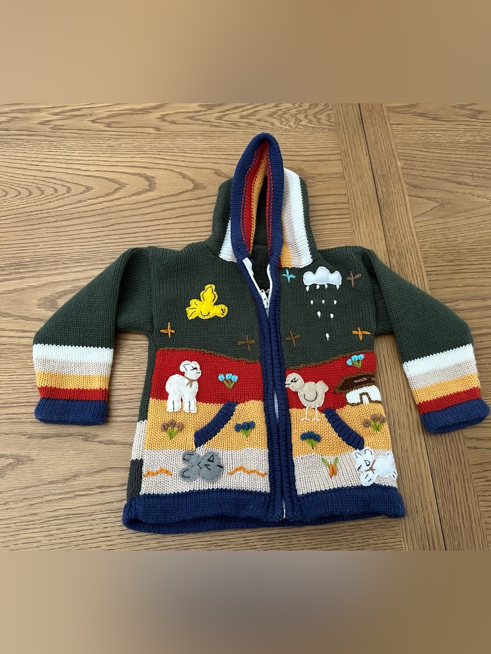 Kids Hooded Knit Zip Sweater Jacket - Green Multi 2T-4T see measurements